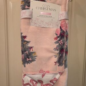 Cozy Christmas Pink And White Reversible Throw With Christmas Trees And Bows